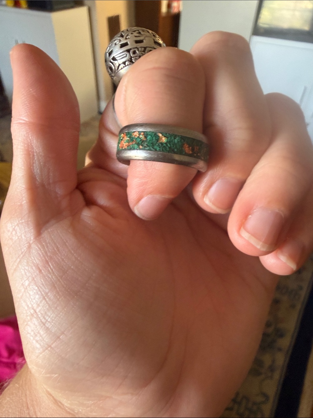 Green Inlay Women's Ring with Copper Flecks - Elegant Band